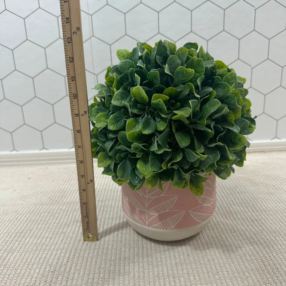 Artificial Boxwood Topiary Ball in Pink Etched Leaf‎ Ceramic Pot 10in Green Faux